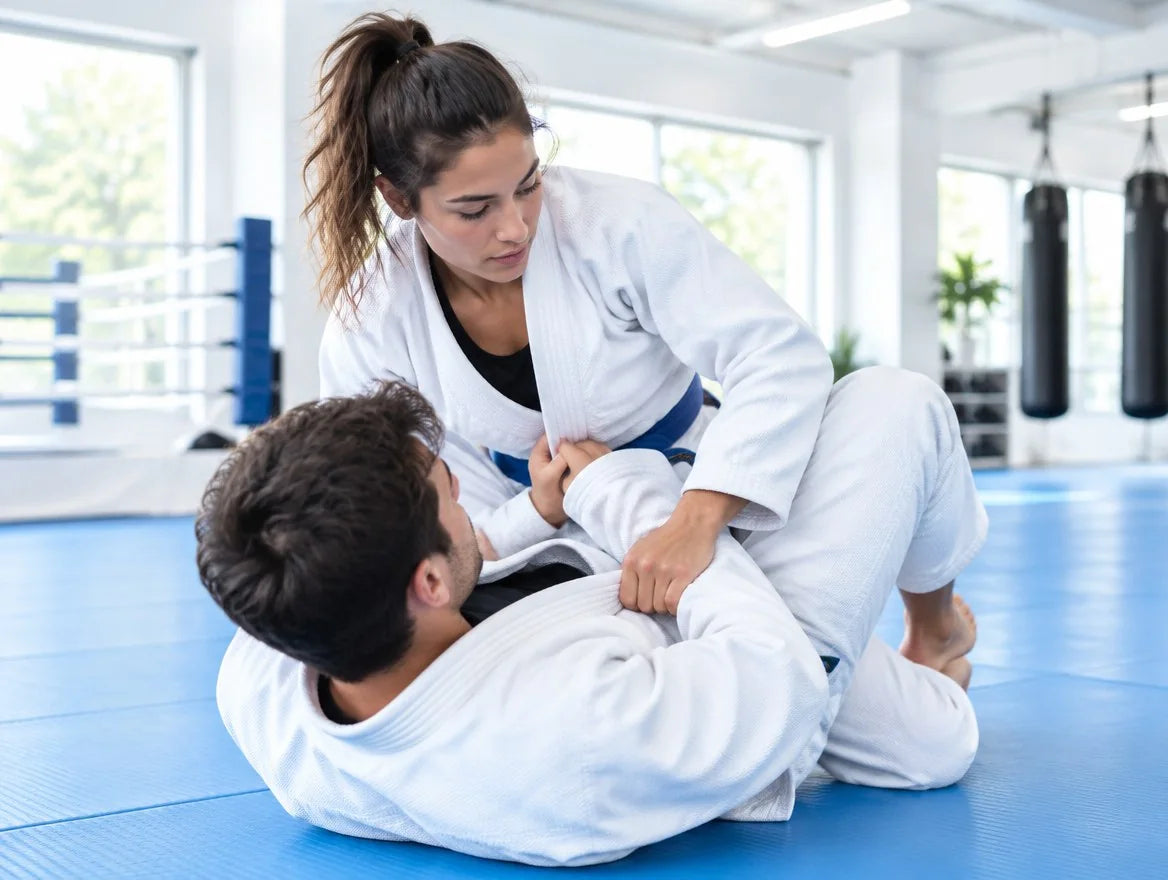 Two athletes training Brazilian jiu-jitsu in a bright gym